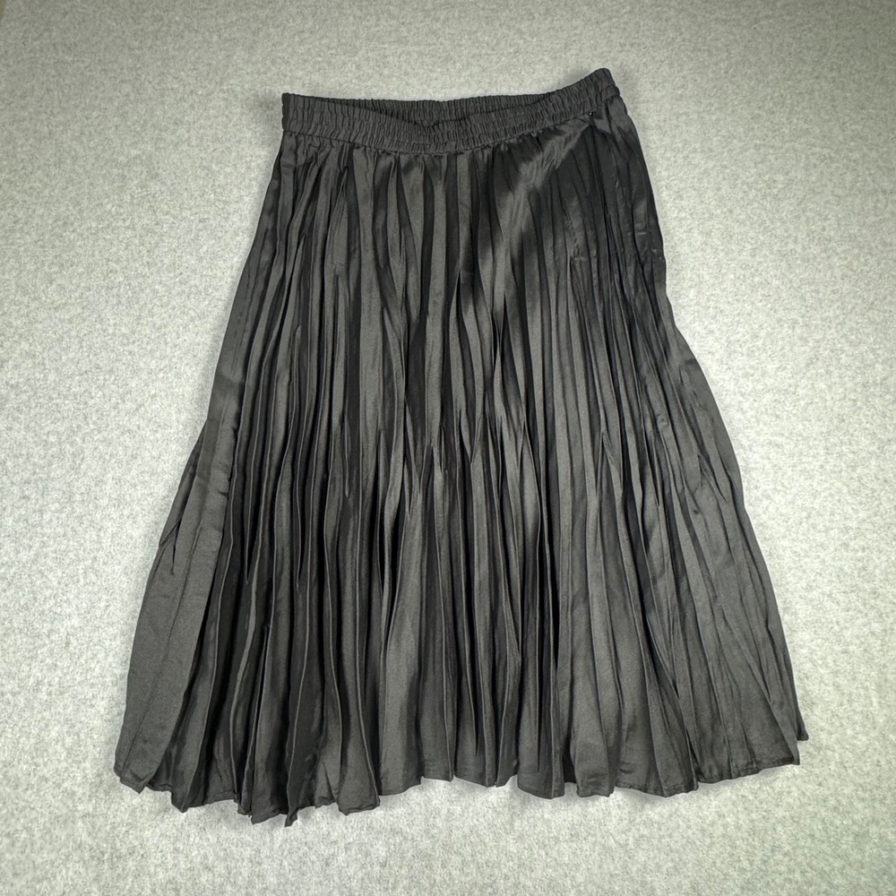 Black Pleated Midi Skirt Elastic Waist Accordion Satin Sheen Size L 12-14